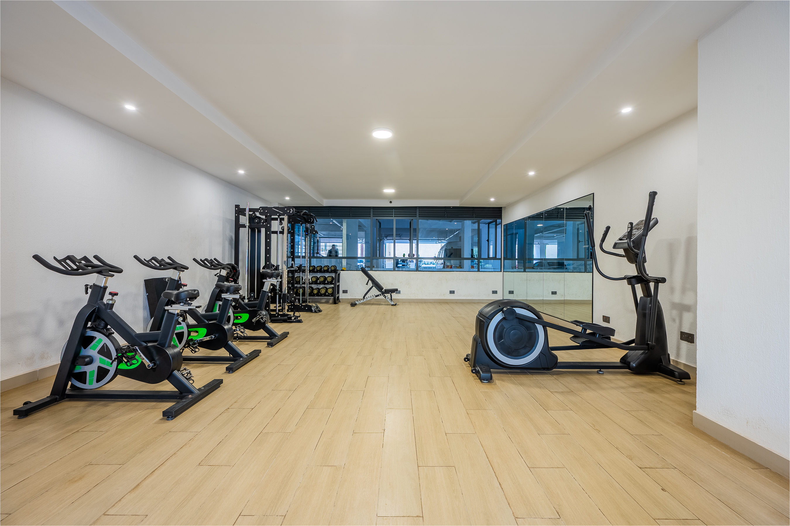 On-site gym with cardio machines and free weights at Leo Apartments