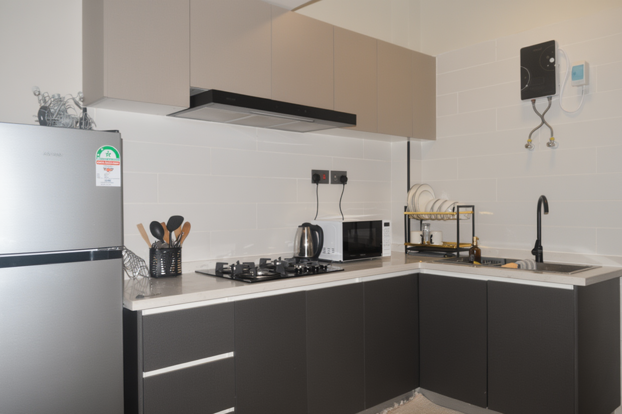 Fully equipped kitchen with cabinets, countertop and appliances