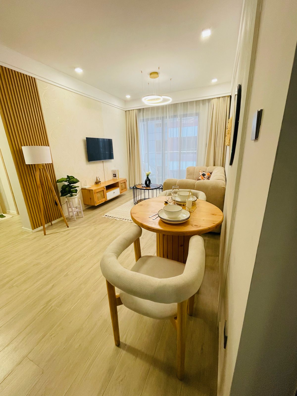 Dining area with table and chairs adjoining the living space