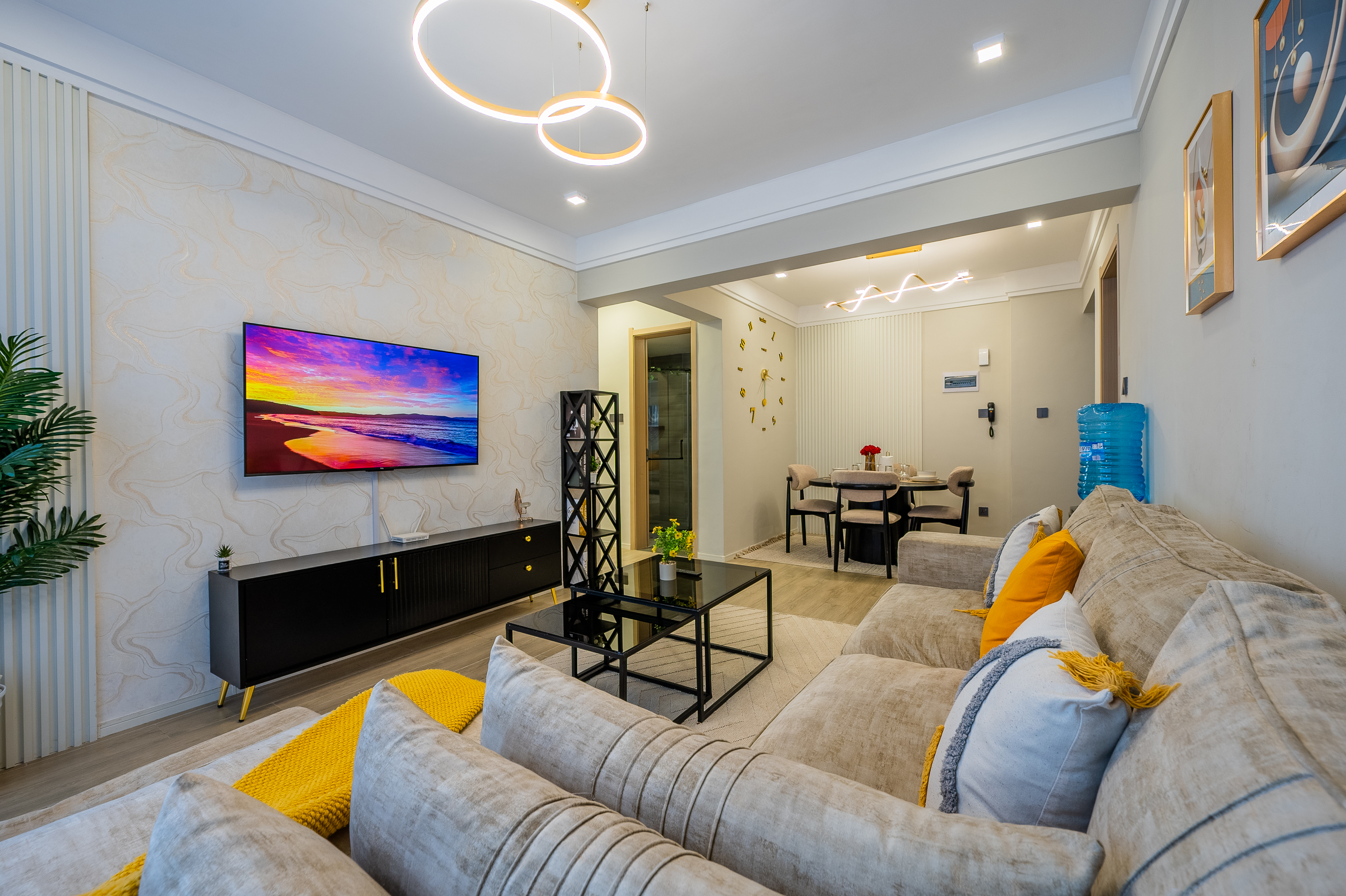 Open-plan living and dining space in a furnished Sheba apartment